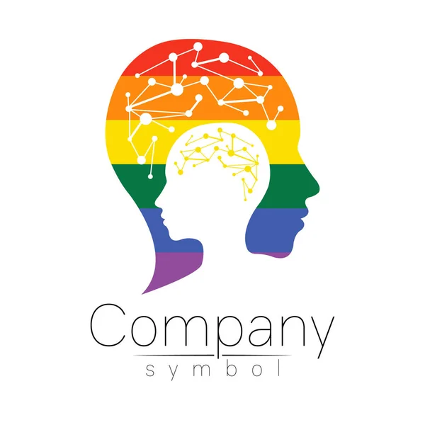 Vector logotype symbol of human head. Profile face logo. Rainbow color isolated on white . Concept sign for business, science, psychology, medicine, LGBT. Creative sign design Man silhouette and brain — Stock Vector