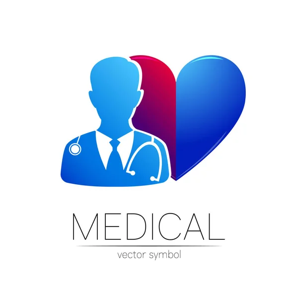Dokter chirurg vector logotype in blauwe kleur. Silhouet medisch cardioloog. Logo voor kliniek, ziekenhuis, cardiologie, geneeskunde. Concept geïsoleerd op wit. Sjabloon voor web, identiteit stijl. — Stockvector
