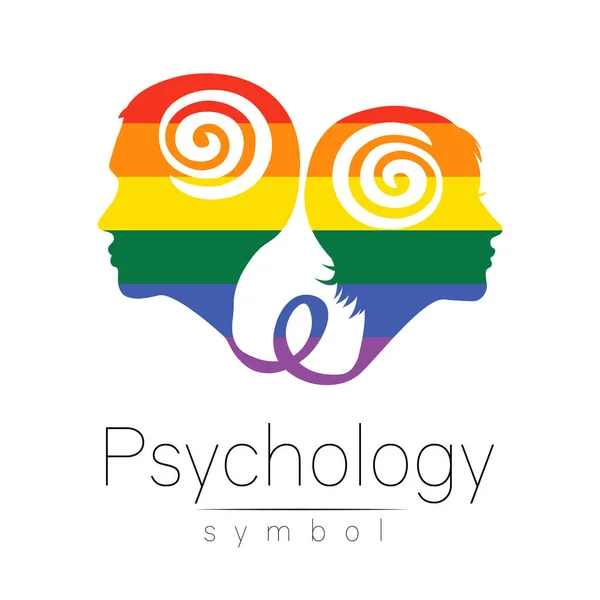 Logo moderno testa con uomo e donna, segno di Psicologia. Profilo umano. Logotipo di stile creativo. Simbolo nel vettore. Concetto di design. Compagnia di marca. Colore arcobaleno isolato su bianco. Icona della famiglia — Vettoriale Stock