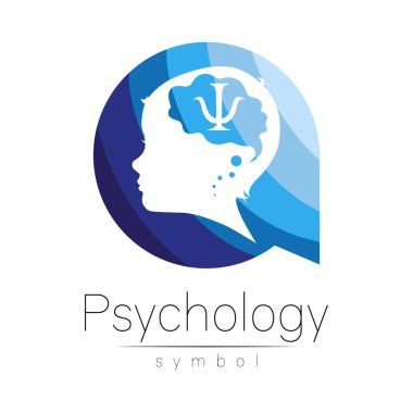 Bir kaç mavi renk çemberinde psikoloji işareti olan vektör şeklinde çocuk logosu. Siluet profili insan kafası. İnsanlar, çocuklar, otizm, çocuklar, terapi, klinik, eğitim için kavram logosu. Şablon sembolü