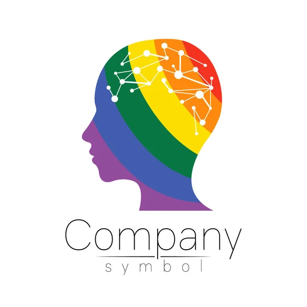 Vector logotype symbol of human head. Profile face logo. Rainbow color isolated on white . Concept sign for business, science, psychology, medicine, LGBT. Creative sign design Man silhouette and brain — Stock Vector