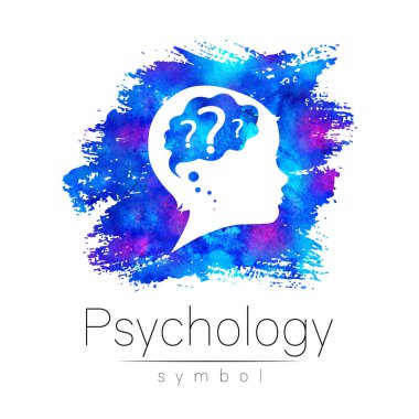 Child logotype with brain and question in blue watercolor brush. Silhouette profile human head. Concept logo for people, children, autism, kids, clinic, education. Template design isolated on white