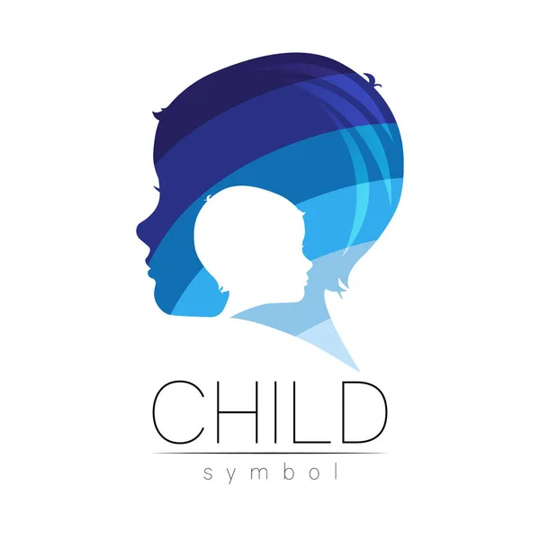Дитячий логотип в декількох синіх кольорах, вектор. Профіль силуету людської голови. Концептуальний логотип для людей, дітей, аутизму, дітей, терапії, клінічної освіти. Символ шаблону, сучасний дизайн ізольовано на білому — стоковий вектор
