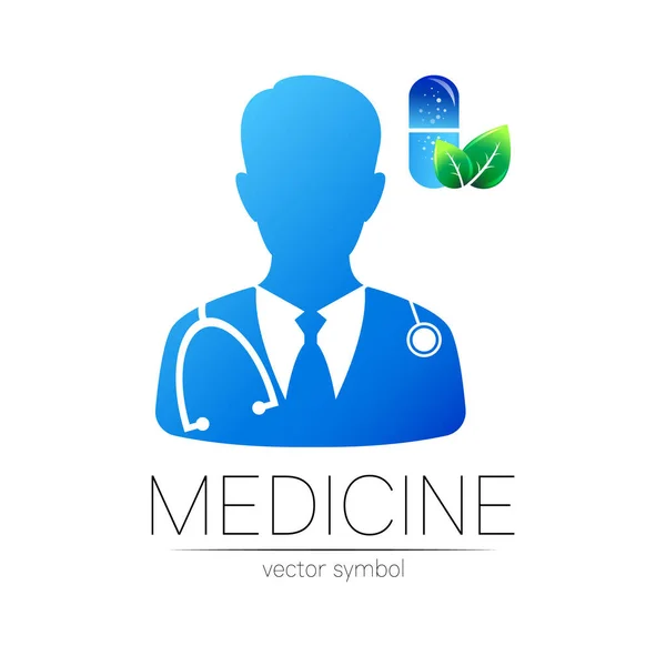 Doctor en capsule pil vector logotype in blauwe kleur met groen blad. Silhouet medisch man. Logo voor kliniek, gezondheid, geneeskunde, zaken. Concept op wit. Sjabloon voor web, identiteit moderne stijl — Stockvector