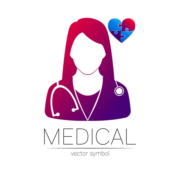 Kvinna läkare med hjärta vektor logotyp. Medicinsk identitet och koncept. Logotyp för klinik, medicinsk, apotek, online chat, företag, sjukvård. Silhuett i violett gradient färg isolerad på vitt. — Stock vektor
