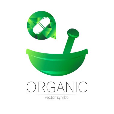 Green herbal bowl vector logotype with capsule pill. Concept symbol for medical, clinic, pharmacy business or shop. Nature design element. Creative ECO label or logo. Traditional herbal therapy.