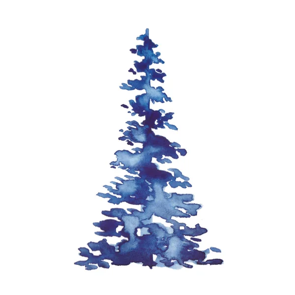 Синий акварельный элемент елки на белом фоне. Рождественский праздник декоративная зимняя ель. Концептуальный вечер для поздравительной открытки. Новогодняя раскраска в фиолетовую форму. Ручная роспись праздничный дизайн — стоковое фото
