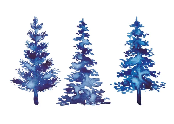 一组三个蓝色水彩画圣诞树元素在白色背景上.圣诞佳节装饰冬季云杉.贺卡的概念前夕。新年派对画冷杉的形状。手绘 — 图库照片