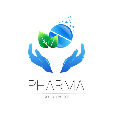 Pharmacy vector symbol with green leaf and hands for pharmacist, pharma store, doctor and medicine. Modern design vector logo on white background. Pharmaceutical blue icon logotype tablet pill .Health