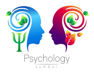 Modern baş Logo iz psikoloji. Profil insan. Yeşil yaprakları. Harf Psi. Vektör simge. Tasarım konsepti. Marka şirket. Beyaz arka plan üzerinde izole mavi renk. Simge web için logo.