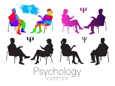 The psychologist and the client. Psychotherapy. Psycho therapeutic session. Psychological counseling. Man woman talking while sitting. Silhouette.Black profile. Modern symbol logo. Design concept sign