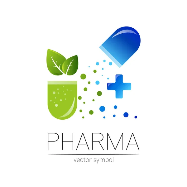 Simbolo vettore farmacia con foglia verde per farmacista, farmacia, medico e medicina. Logo vettoriale design moderno su sfondo bianco. Capsula pillola blu farmaceutica del logotipo dell'icona. Sanità — Vettoriale Stock