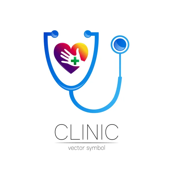 A sztetoszkóp és a szív emberi kéz vektor logotípusa kék színű. Orvosi szimbólum, klinika, kórház és diagnosztika. Modern koncepció logó vagy identitás stílus. Az egészség jele. — Stock Vector