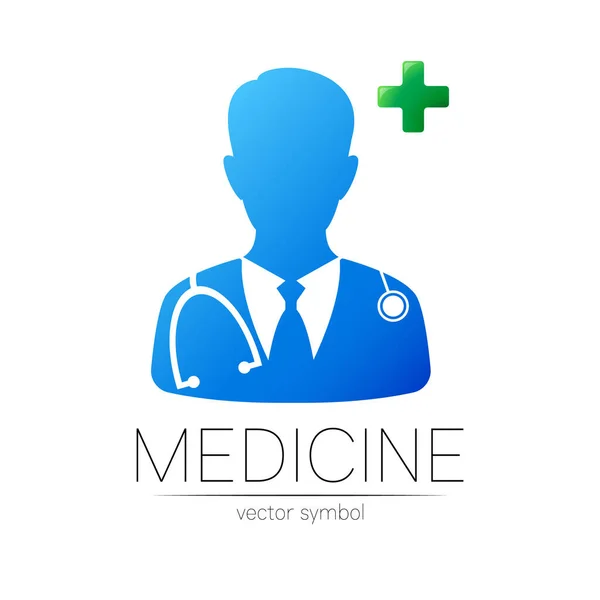 Doktor s logotypem vektoru v modré a zelené barvě. Silueta lékařka s křížem. Logo pro kliniku, nemocnici, zdravotnictví, medicínu a obchod. Koncept, šablona pro web, identita moderní styl — Stockový vektor
