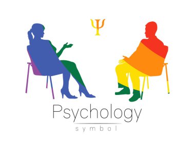 Psikolog ve müvekkil. Psikoterapi seansı. Psikolojik danışmanlık. Otururken konuşan kadın ve erkek silueti. Gökkuşağı LGBT rengi. Beyaz arkaplanda izole