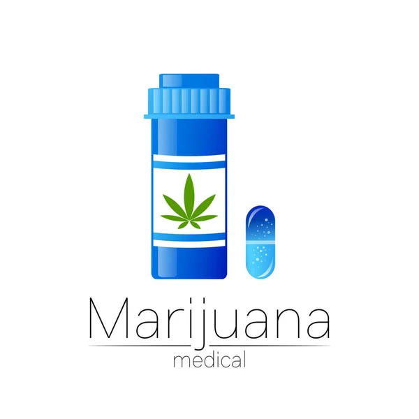 用于药物和医生的大麻病媒标识类型。医用大麻的标志与药瓶和胶囊。药用植物和叶子促进健康。绿草的概念符号. — 图库矢量图片