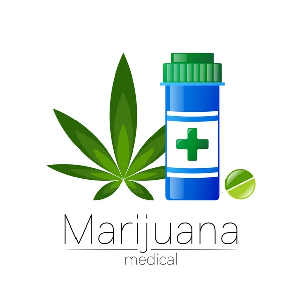 Cannabis vector logotype for medicine and doctor. Medical marijuana symbol with pill bottle and capsule. Pharmaceuticals with plant and leaf for health. Concept sign of green herb. — Stock Vector