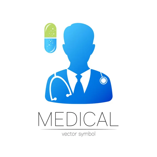 Logotipo vettoriale medico e capsula di colore blu, verde. Medico della silhouette. Logo per clinica, ospedale, salute, medicina, affari. Concetto isolato su bianco. Modello per il web, stile di identità — Vettoriale Stock