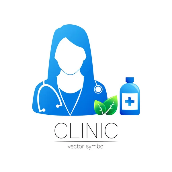 여성 의사와 녹색 잎 벡터 로고 타입의 알약 병. 의학적 정체 성 과 개념. 클리닉, 의료, 약국, 온라인 채팅 사업, 의료 서비스를 요청하 세요. 푸른 색을 띤 실루엣 — 스톡 벡터