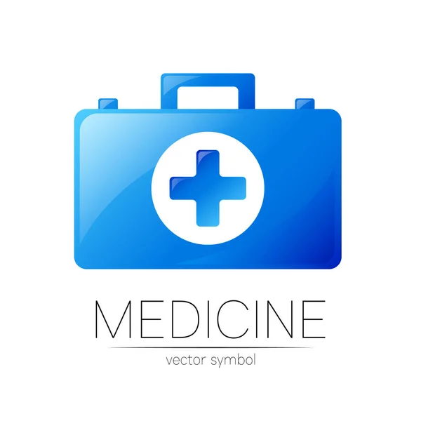 Symbol Vektorové medicíny první pomoci s kufříkem s nápovědou a křížkem pro ikonu zdravotní péče — Stockový vektor