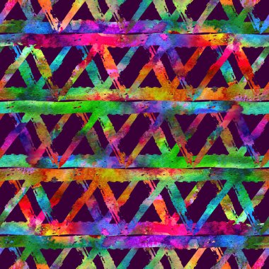 Fırça çizgileri ve fırça darbeleriyle kusursuz desen. Menekşe arkaplanda gökkuşağı suluboya. Elle boyanmış grange dokusu. Mürekkep geometrik elementler. Modern moda tarzı. Bitmek bilmeyen kumaş izi.