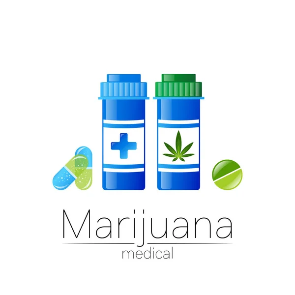 医用大麻的载体符号。大麻的商标类型，天然草药，治疗，医生和商店，商业。被白色背景隔离。蓝色和绿色。药丸和片剂保健 — 图库矢量图片