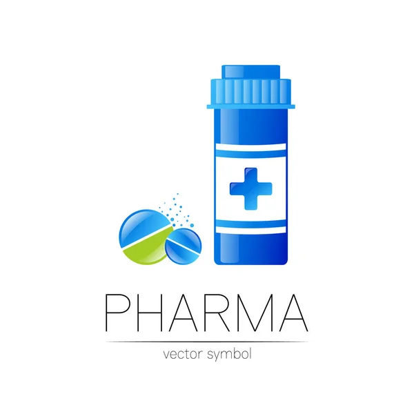 Gyógyszer Jar Vector Logo Symbol Orvosi palack lapos stílusú Pill Design Element for Pharmacy in Blue Color with Cross — Stock Vector