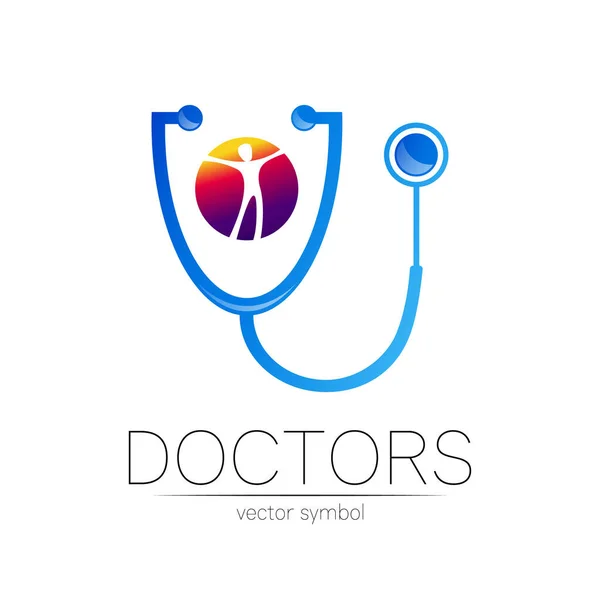 Stethoscope vektorový logotyp v modré a fialové barvě. Muž v kruhu. Lékařský symbol pro lékaře, kliniku, nemocnici a diagnostiku. Moderní koncept pro logo nebo styl identity. Známka zdraví. Izolované — Stockový vektor