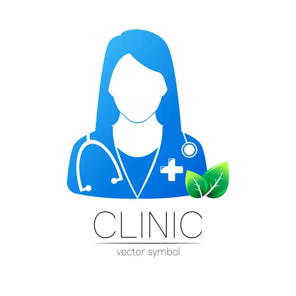 Medico femminile con logotipo vettoriale a foglie verdi. Identità e concetto di medicina. Logo per clinica, medico, farmacia, chat online, affari, assistenza sanitaria. Silhouette in colore blu sfumato su bianco. — Vettoriale Stock