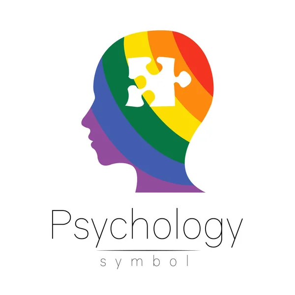 心理学の近代的なロゴヘッドサイン。パズルだ。プロフィール人間。創造的なスタイル。ベクトルのシンボル。デザインコンセプト。ブランド会社だ。虹色は白で単離された。ウェブ、印刷、ロゴタイプのアイコン — ストックベクタ