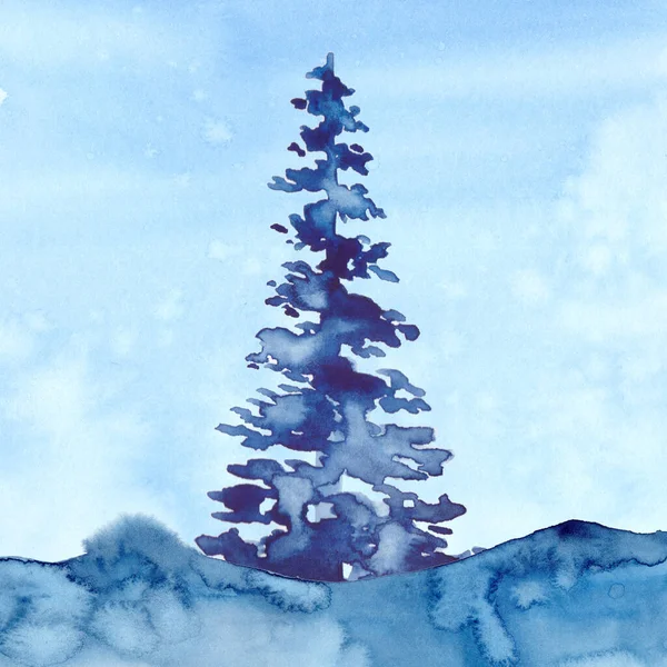 Aquarelle de Noël Arbre bleu Design Arrière-plan en style aquarelle pin XMAS et illustration de neige du Nouvel An de Noël. Fond aquarelle de couleur bleue. Pinceau peinture sapin de Noël — Photo