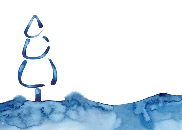 Aquarelle de Noël Arbre bleu Design Arrière-plan en style aquarelle pin XMAS et la neige illustration isolée du Nouvel An. . Pinceau peinture sapin de Noël illustration sur papier. Dessin épicéa. — Photo
