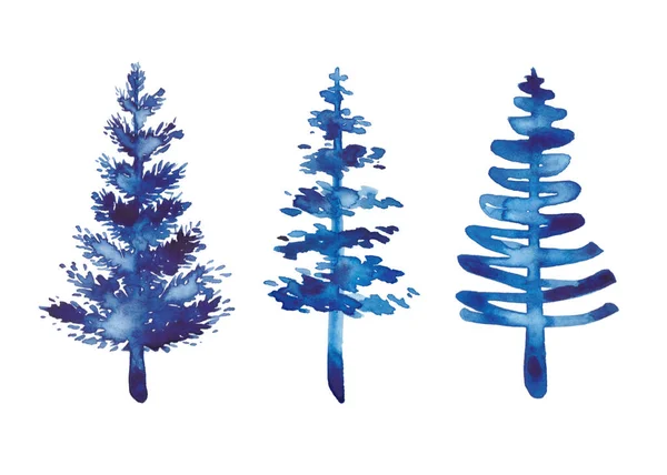 Set Christmas Watercolour Blue Tree Design Fundo de três elementos de pinheiros de Natal aquarela azul no fundo branco. Natal feriado decorativo inverno abeto. — Fotografia de Stock