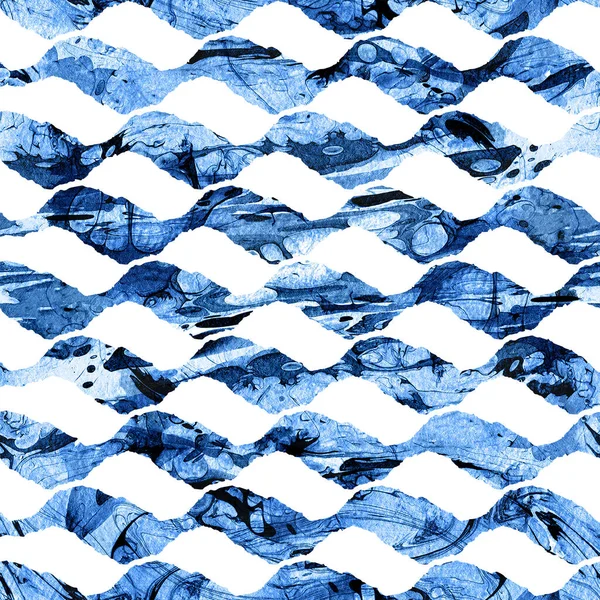 Fırça darbesi Wawes Geometrik Grung Desenli Mavi Arkaplanda Kusursuz. Genç ve Okul Çocukları için Gunge Collage Suluboya Dokuması Kumaş Parselleri Tasarımı — Stok fotoğraf