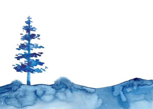 Christmas Watercolour Blue Tree Design Background in Watercolor style XMAS pine tree and snow isolated illustration of New Year. . Brush painting Christmas fir illustration on paper. Drawing spruce. — Stock Photo, Image