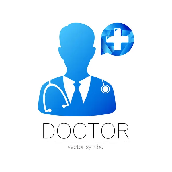 Doktor s logotypem vektoru v modré barvě. Silueta lékařka s křížem. Logo pro kliniku, nemocnici, zdravotnictví, medicínu a obchod. Koncept na bílém. Šablona pro web, identita moderní styl. — Stockový vektor