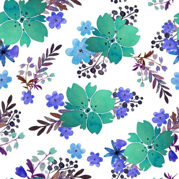 花や葉とロマンチックな花のシームレスなパターン。テキスタイル壁紙無限のために印刷します。手描きの水彩画の要素。美人の花束。ピンク、青。緑だ。ピンク・オン・ホワイト. — ストック写真