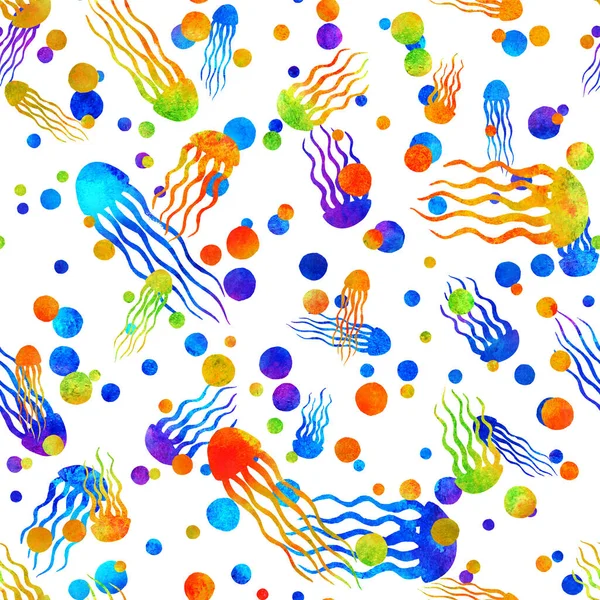 Sömlöst mönster med penselmaneter och fläckar. Rainbow akvarell på vit bakgrund. Handmålade grange konsistens. Inslag av bläck i havet. Modernt mode. Oändligt tygtryck. Ovanlig tonåring — Stockfoto