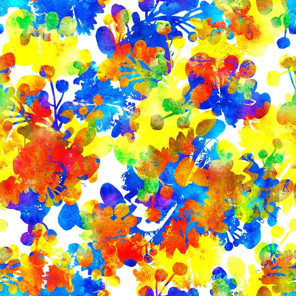Naadloos patroon met borstel bloemen en bladeren plant. Regenboog aquarel kleur op witte achtergrond. Handgeschilderde grange textuur. Inktboselementen. Mode moderne stijl. Eindeloze stofdruk. Art. — Stockfoto