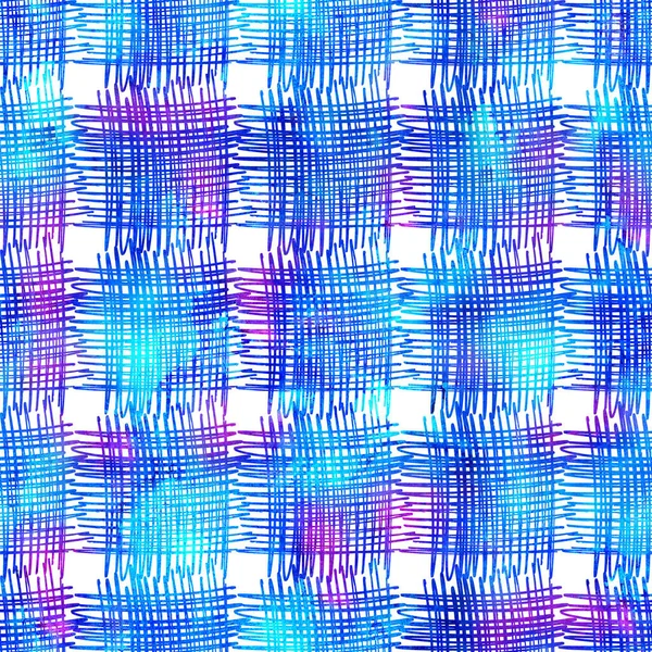 Pincel Stroke xadrez geométrico Grung padrão sem costura em cor azul verificar fundo. Gunge Collage Watercolor Textura para Adolescentes e Escolares Tecido Imprime Grange Design com linhas — Fotografia de Stock