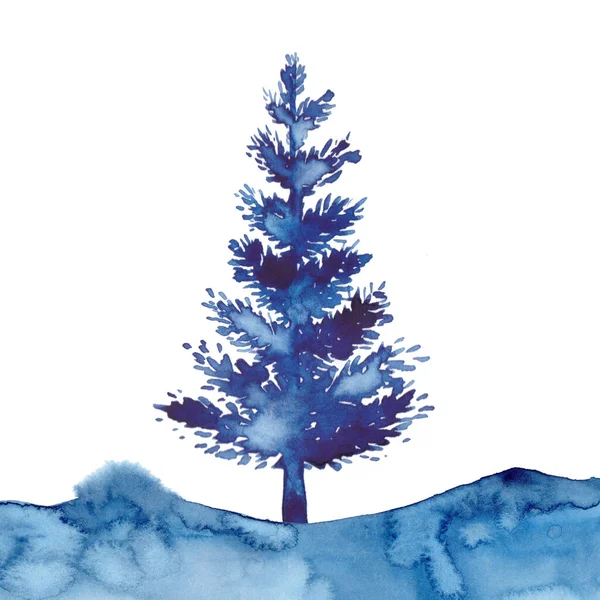 Aquarelle de Noël Arbre bleu Design Arrière-plan Aquarelle style XMAS pin et neige illustration isolée du Nouvel An de Noël. Couleur bleue. Pinceau peinture sapin de Noël illustration sur papier. — Photo