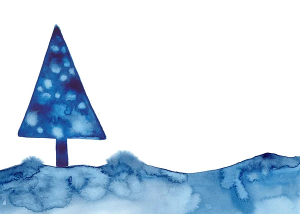 Aquarelle de Noël Arbre bleu Design Arrière-plan en style aquarelle pin XMAS et la neige illustration isolée du Nouvel An. . Pinceau peinture sapin de Noël illustration sur papier. Dessin épicéa. — Photo