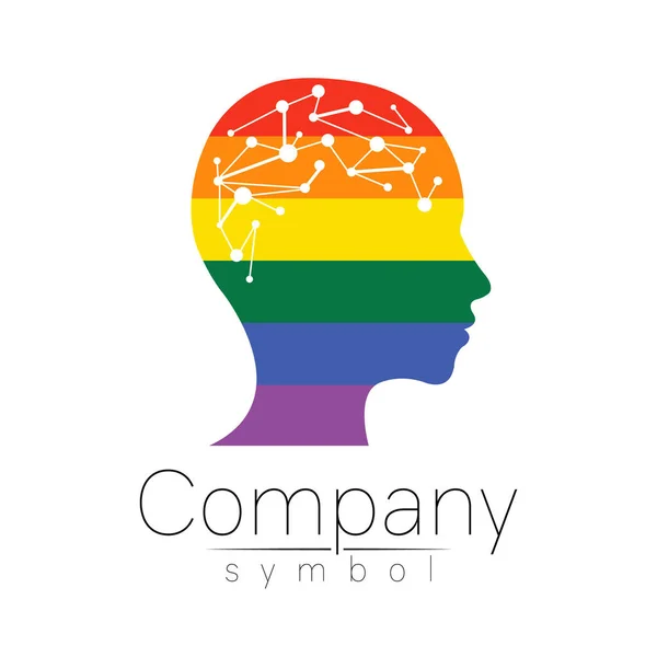 Vector logotype symbol of human head. Profile face logo. Rainbow color isolated on white . Concept sign for business, science, psychology, medicine, LGBT. Creative sign design Man silhouette and brain — Stock Vector