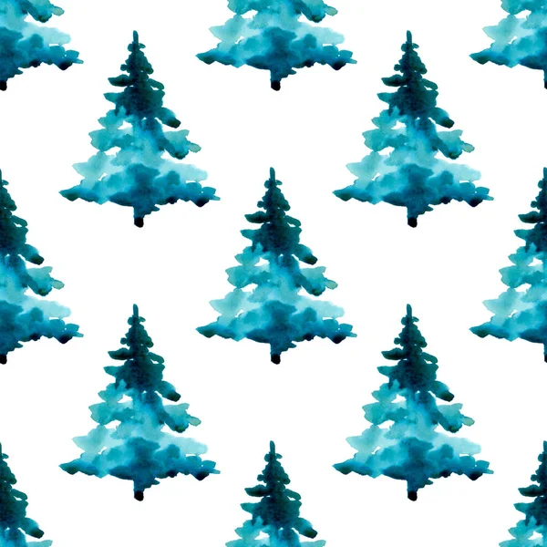 XMAS acuarela Pino árbol patrón sin costura en color azul. Fondo de abeto pintado a mano o fondo de pantalla para ornamento, envoltura o regalo de Navidad — Foto de Stock