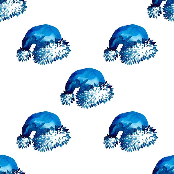 XMAS aquarelle Chapeau de Père Noël Modèle sans couture en couleur bleue. Casquette peinte à la main Fond d'écran ou papier peint pour ornement, emballage ou cadeau de Noël — Photo
