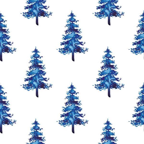 ( 영어 ) XMAS watercolor ( 영어 ) poward Tree Seamless Pattern in Blue Color. 손으로 그린스푸 루스 파인 나무의 배경이나 장식, 래핑 또는 크리스마스 장식을 위한 벽지 — 스톡 사진