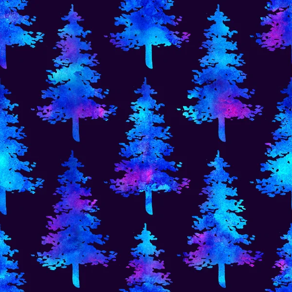 Akwarela XMAS Fir Tree Bezszwowy wzór w kolorze białym na ciemnoniebieskim tle. Ręcznie malowany świerk Sosna drzewo tapety do ozdoby, owijania lub dekoracji świątecznej — Zdjęcie stockowe