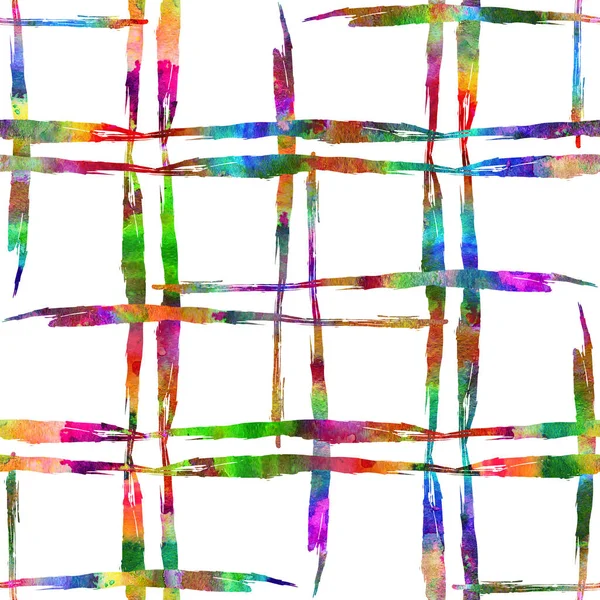 Watercolor Brush Plaid Seamless Pattern Grange Ellenőrizze Geometrikus tervezés szivárvány szín. Modern Strokes Grung kollázs háttér gyerekeknek szövet és textil — Stock Fotó