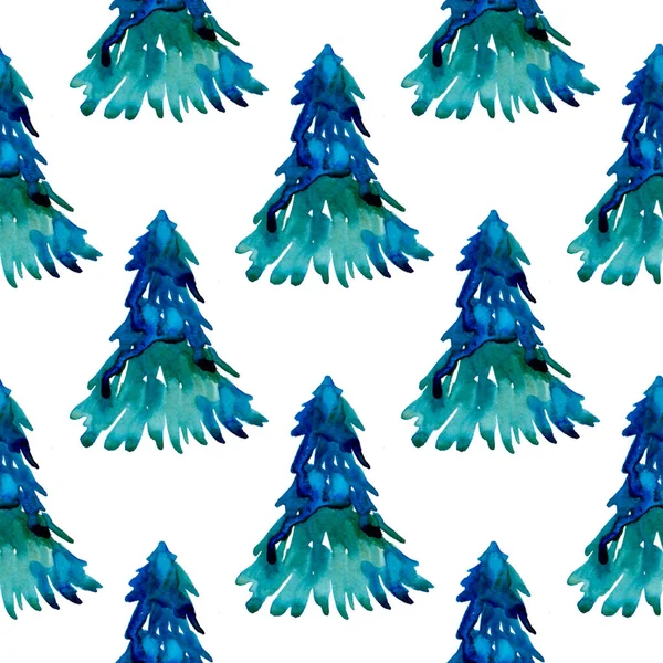 XMAS watercolor Pine Tree Seamless Pattern in Blue Color. Hand Painted fir tree background or wallpaper for Ornament, Wrapping or Christmas Gift — Stock Photo, Image