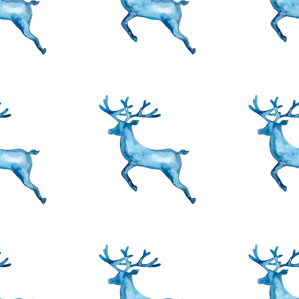 Sobi XMAS akvarel Jelení jelen bezproblémový vzor v modré barvě. Ručně malované zvíře los pozadí nebo tapety pro ozdobu, balení nebo vánoční dárek — Stock fotografie